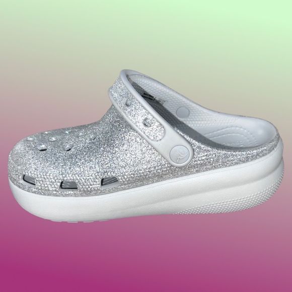 NWOB Crocs Atmosphere/Silver Glitter Classic Cutie Platform Clogs Size J2 - Picture 6 of 7